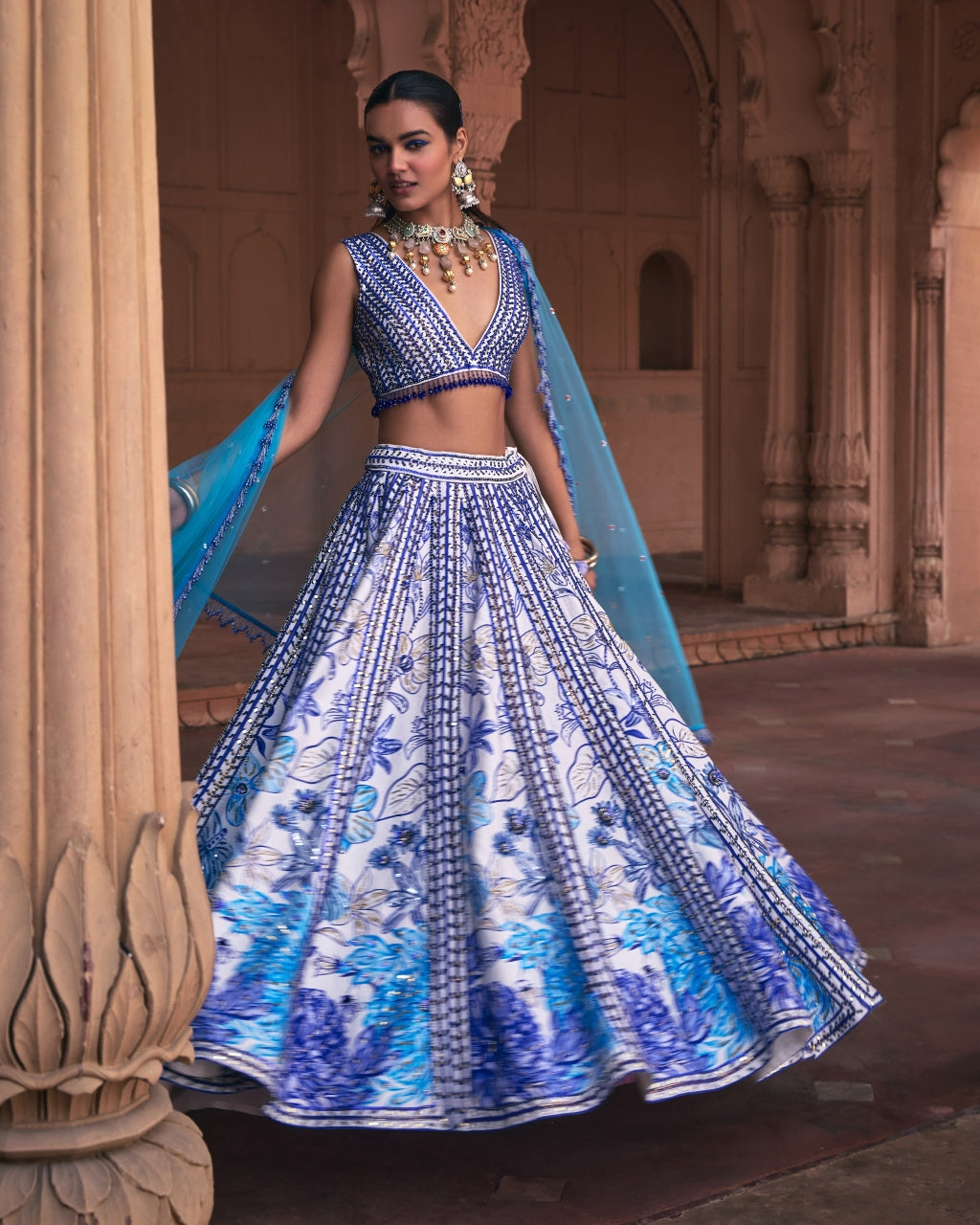 Indigo Blue Floral Frame Print and Embroidered Lehenga Set