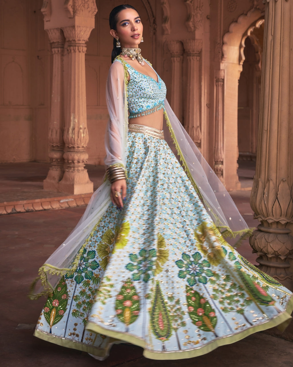 Powder Blue Floral Print and Embroidered Lehenga Set