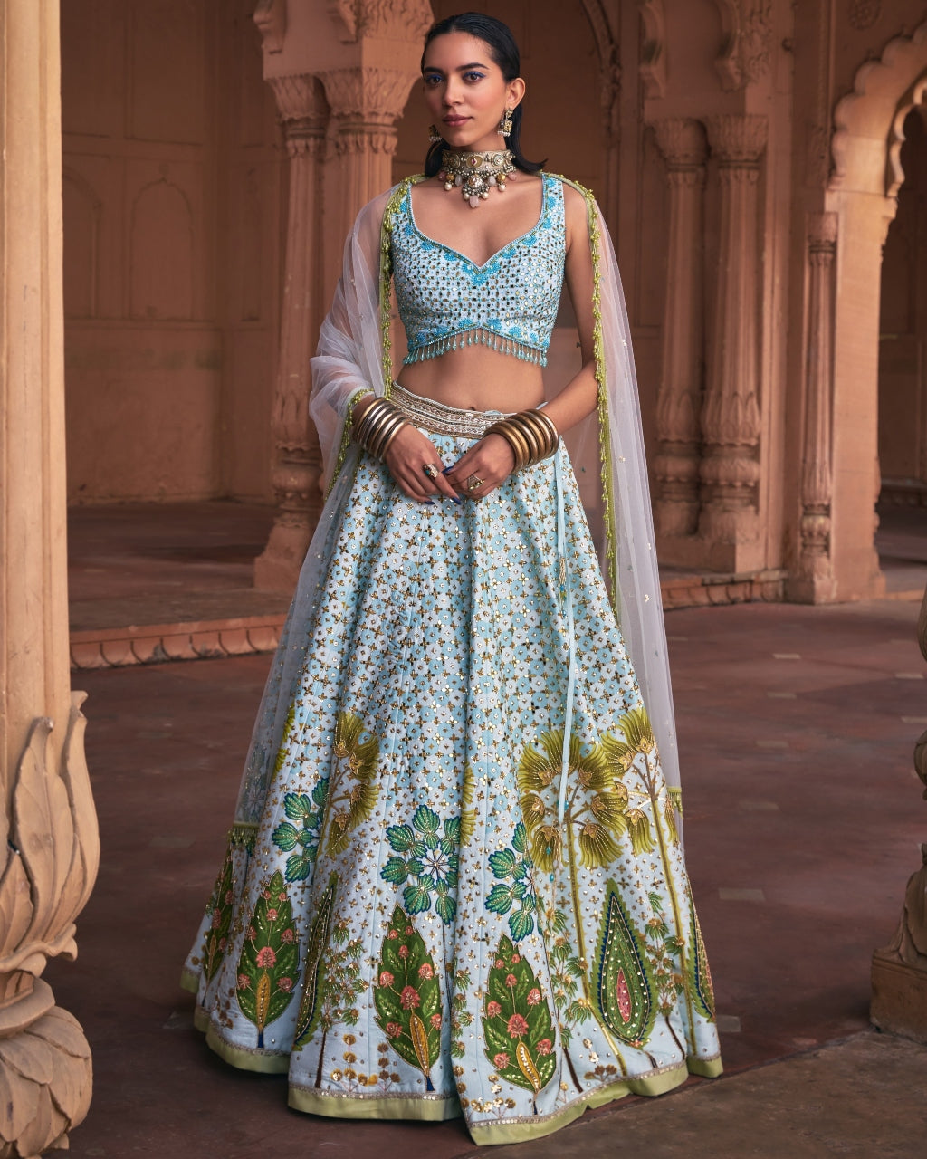 Powder Blue Floral Print and Embroidered Lehenga Set