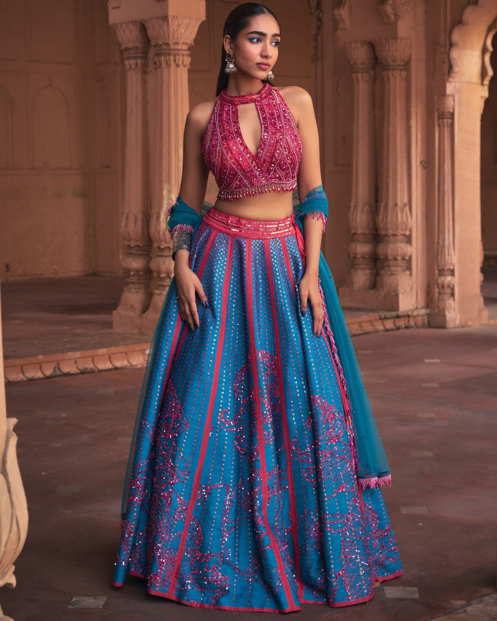 Teal Big Floral Print and Embroidered Lehenga Set