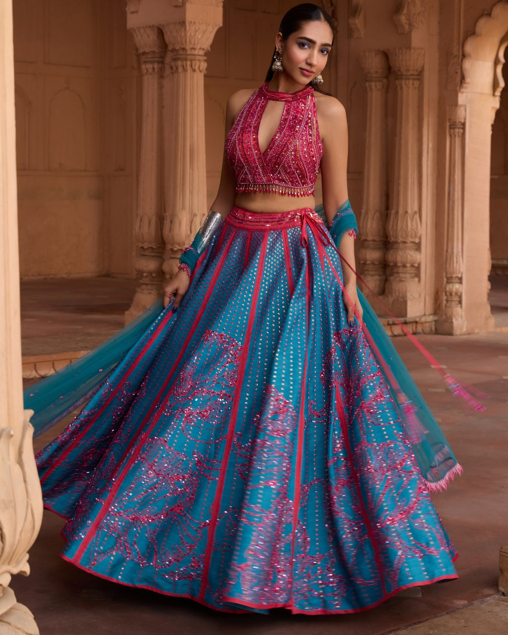 Teal Big Floral Print and Embroidered Lehenga Set