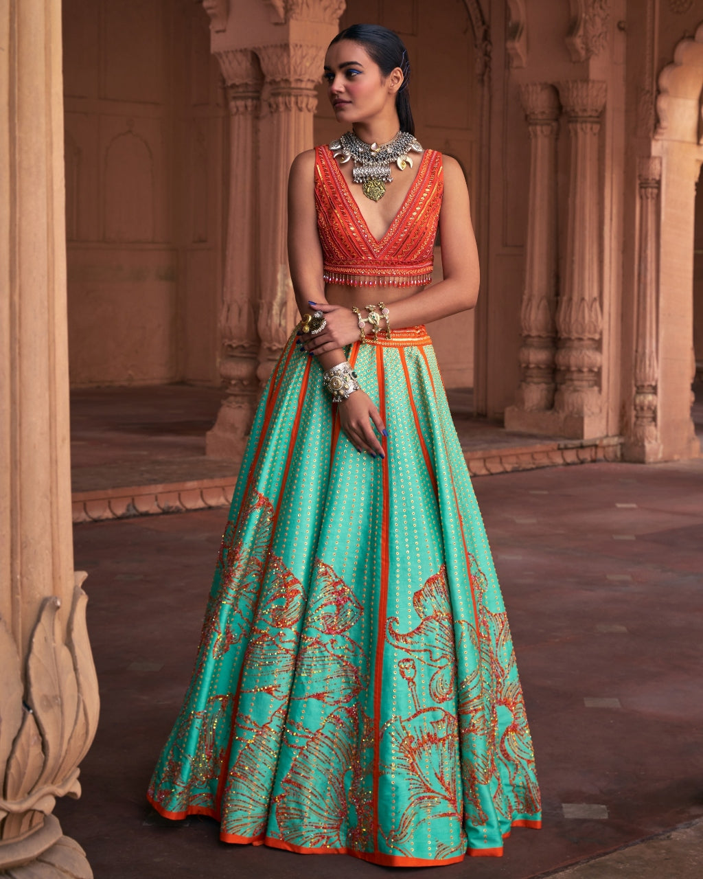 Sea Green Big Floral Print and Embroidered Lehenga Set