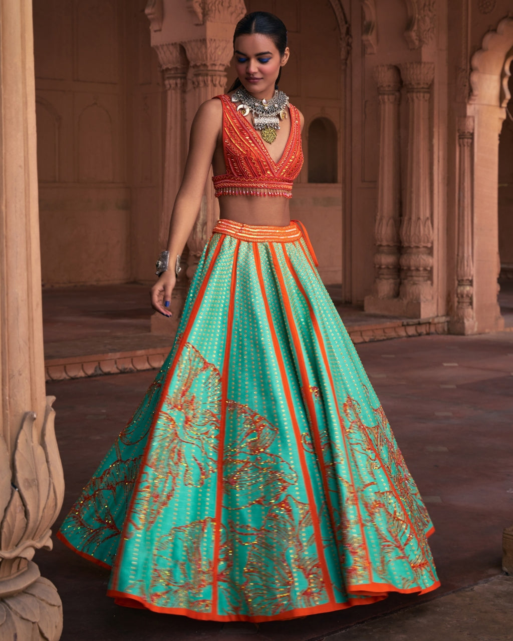 Sea Green Big Floral Print and Embroidered Lehenga Set