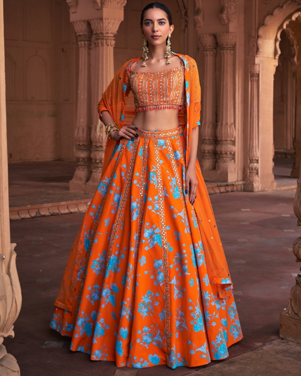 Tangerine Floral Print & Highlighted Lehenga Set