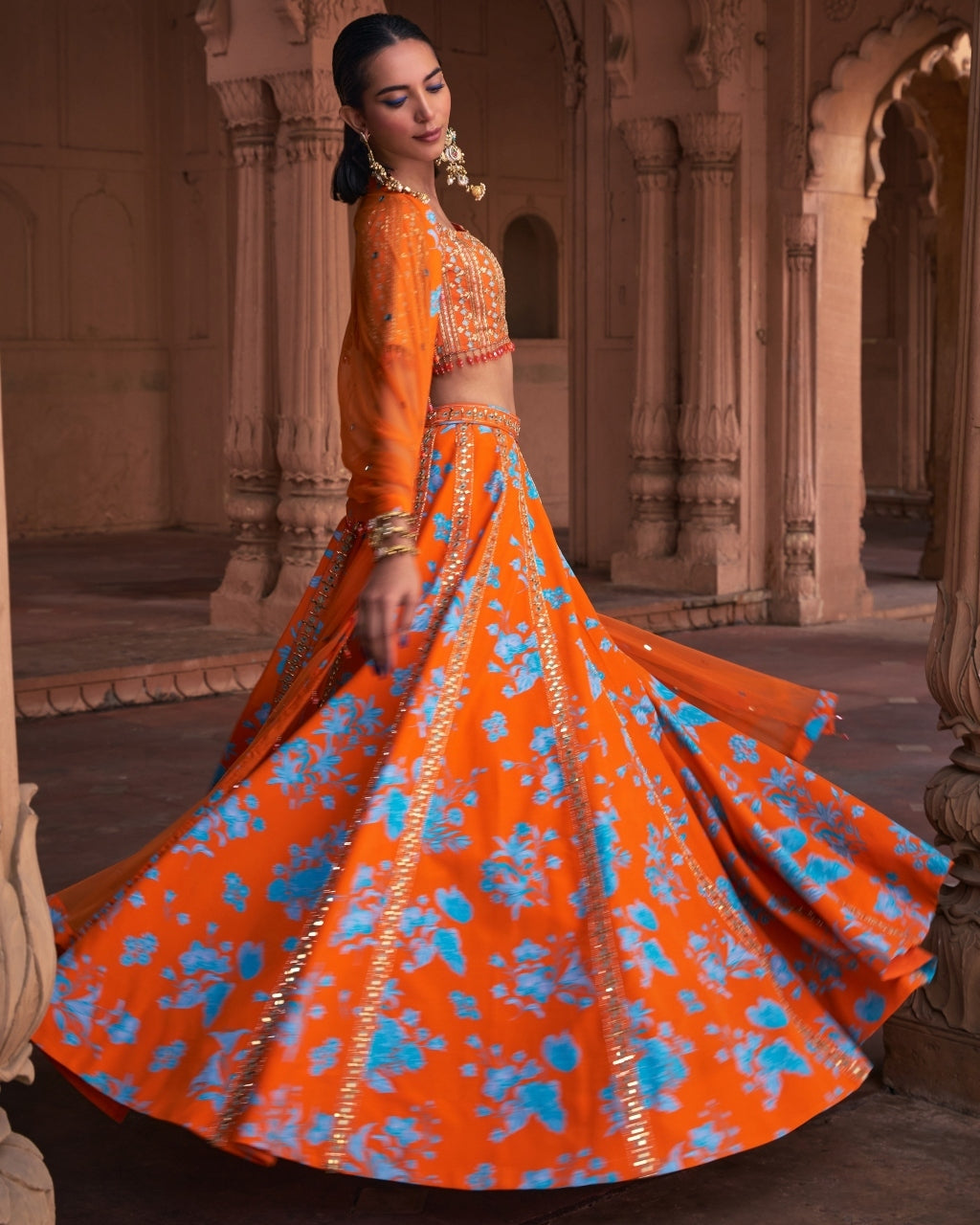 Tangerine Floral Print & Highlighted Lehenga Set