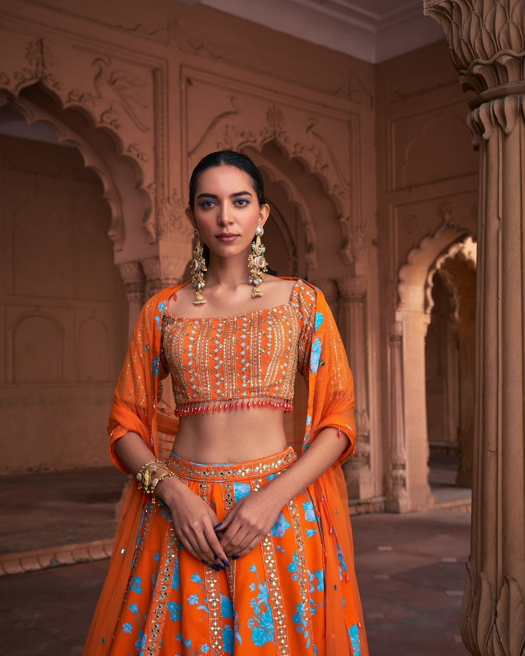 Tangerine Floral Print & Highlighted Lehenga Set