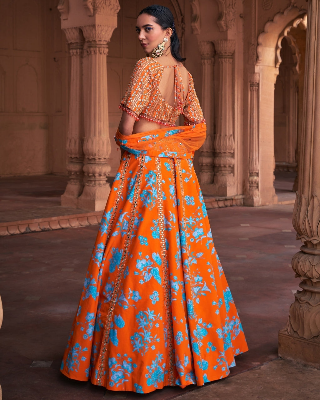 Tangerine Floral Print & Highlighted Lehenga Set