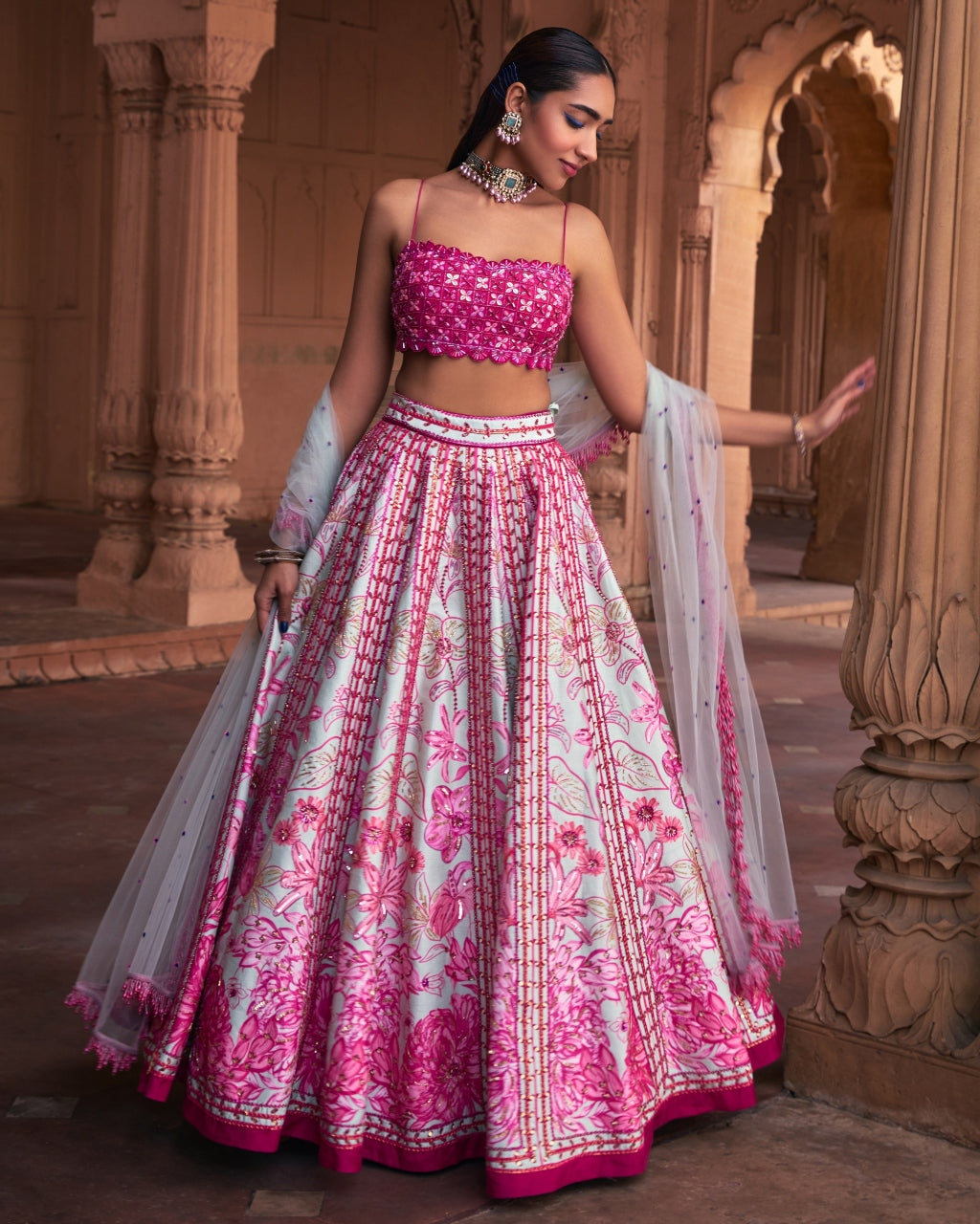 Fuchsia Floral Frame Print and Embroidered Lehenga Set