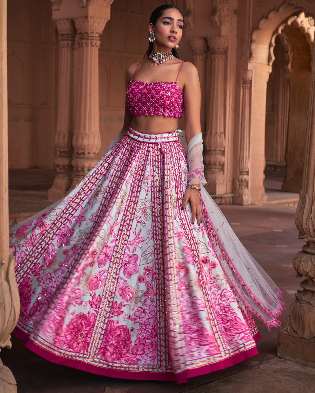 Fuchsia Floral Frame Print and Embroidered Lehenga Set