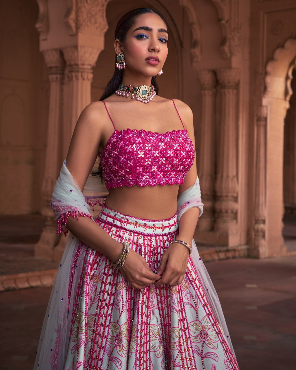 Fuchsia Floral Frame Print and Embroidered Lehenga Set