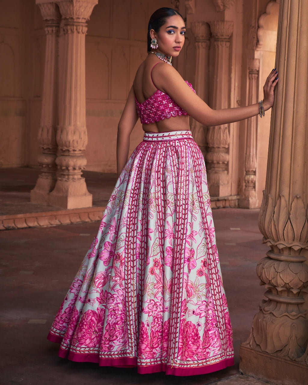 Fuchsia Floral Frame Print and Embroidered Lehenga Set