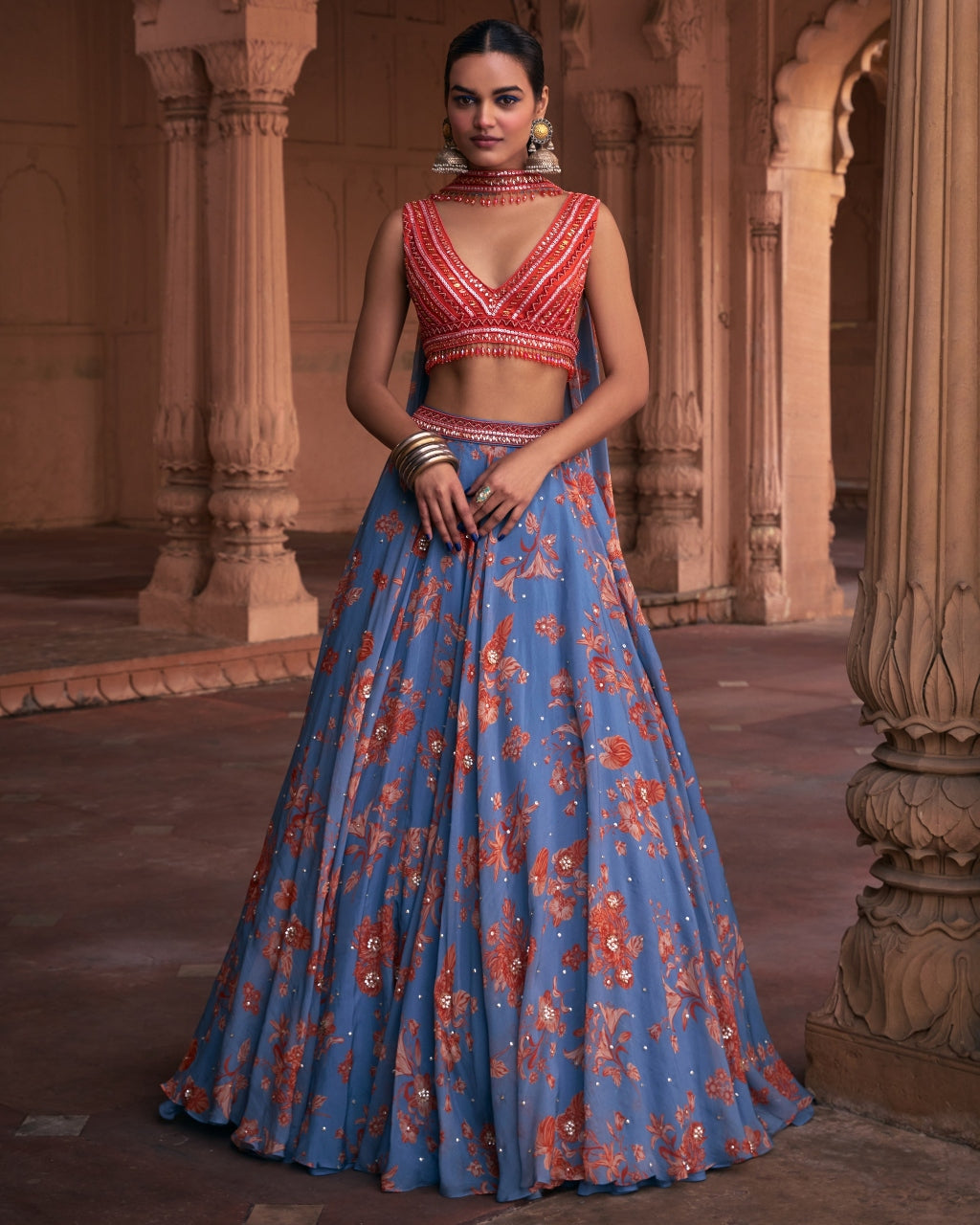 Slate Blue Floral Print and Highlighted Lehenga Set