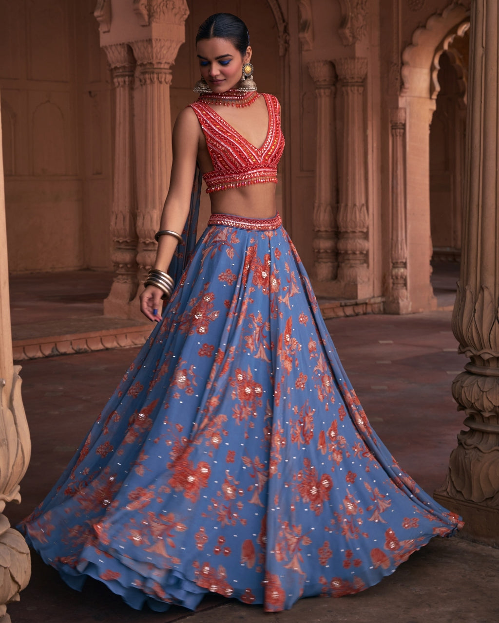 Slate Blue Floral Print and Highlighted Lehenga Set