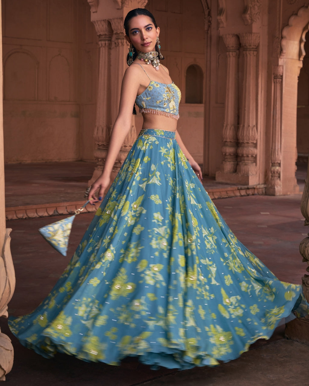 Ice Blue Floral Printed And Highlighted Lehenga Set