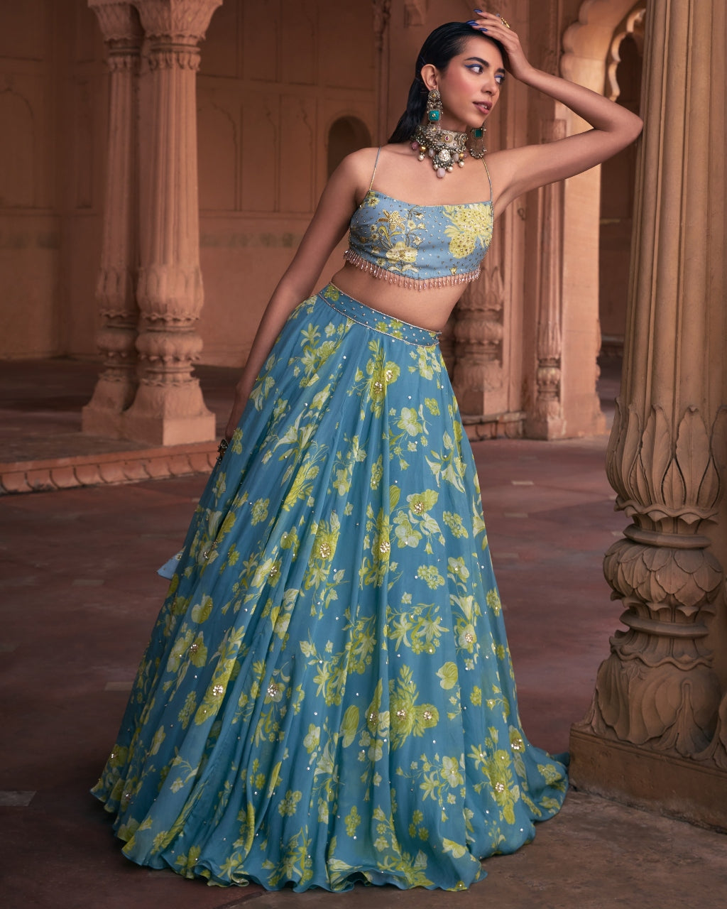 Ice Blue Floral Printed And Highlighted Lehenga Set