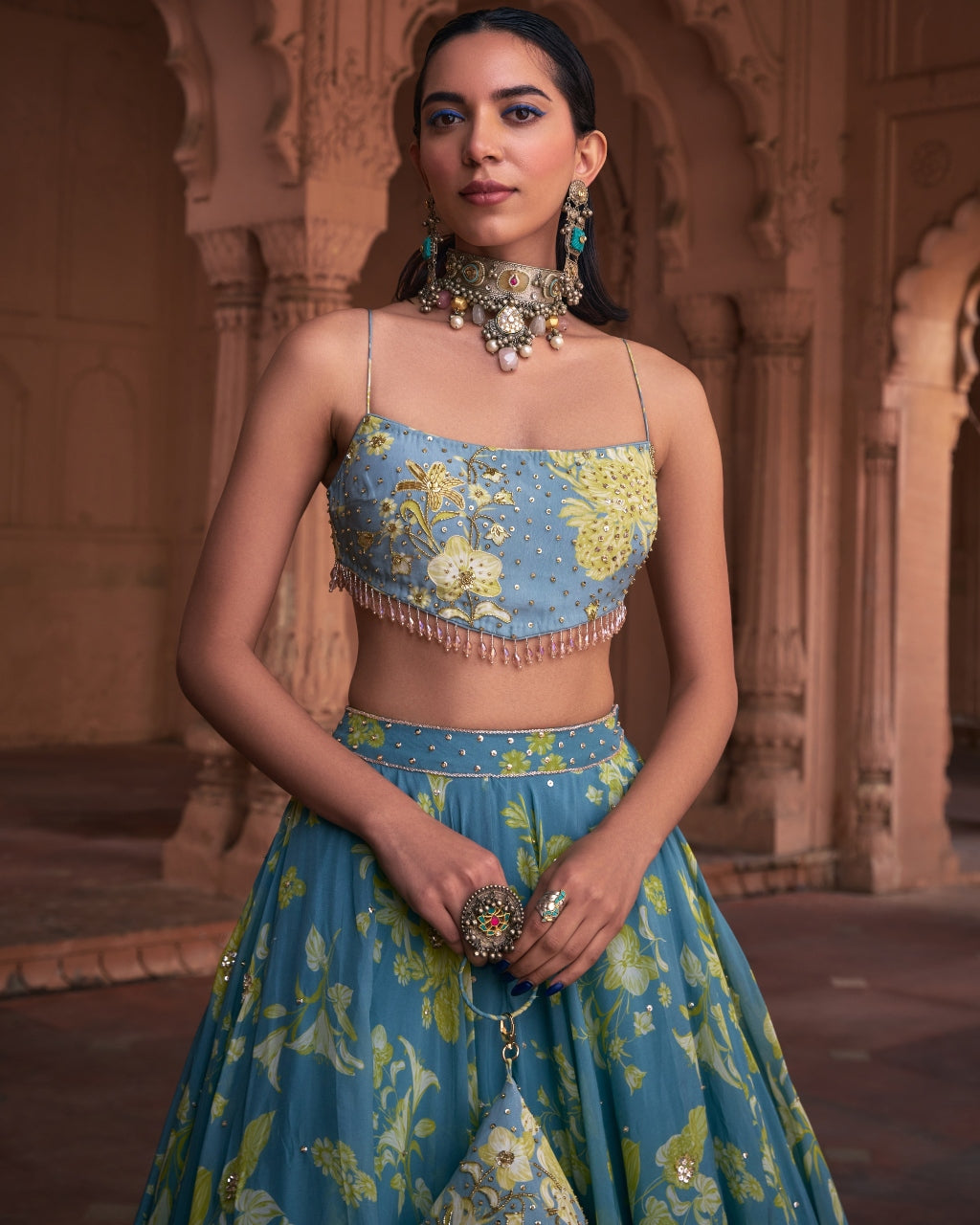 Ice Blue Floral Printed And Highlighted Lehenga Set