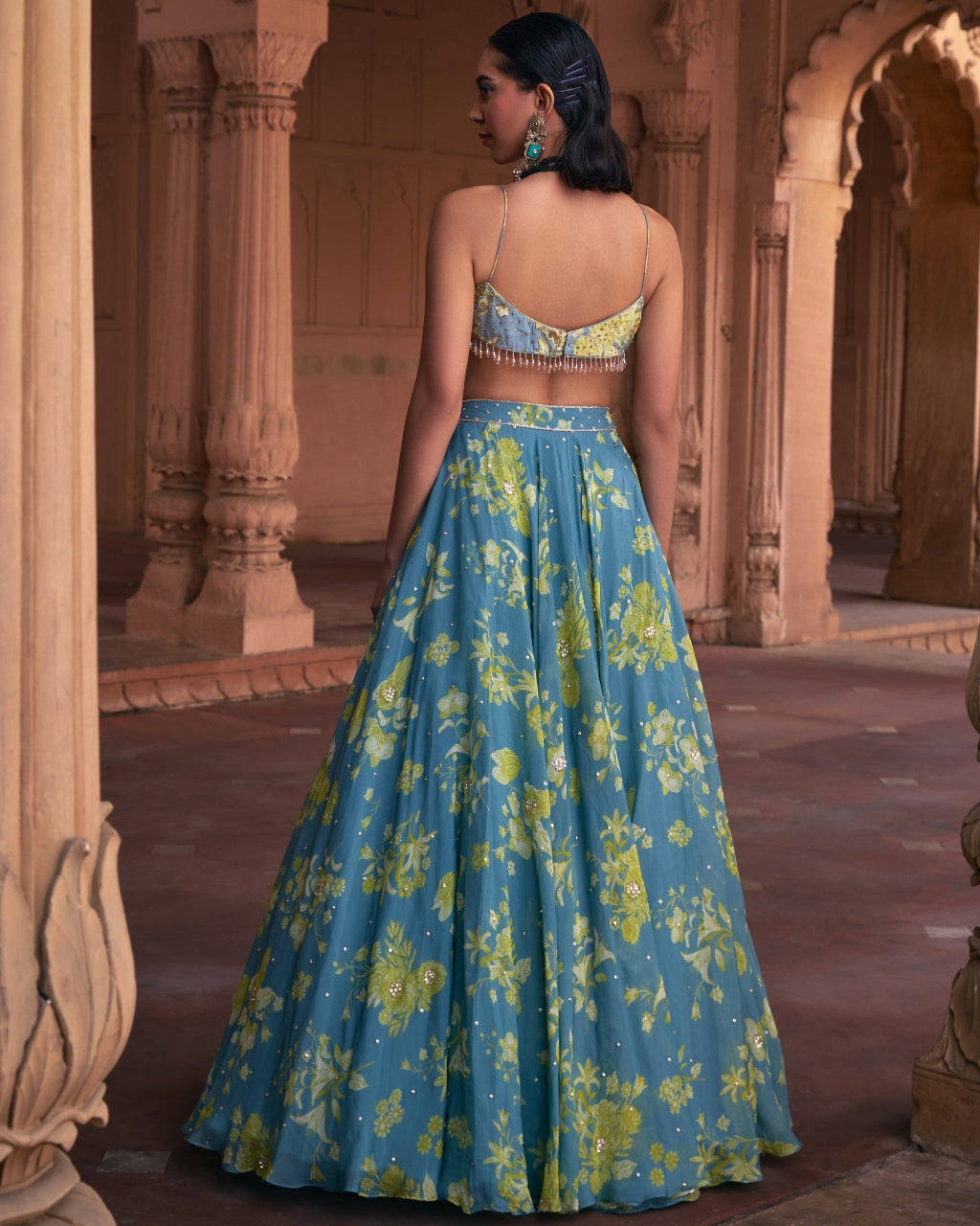 Ice Blue Floral Printed And Highlighted Lehenga Set