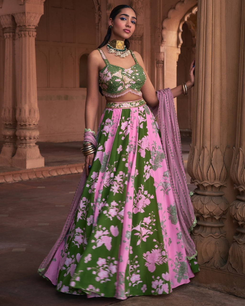 Sage Green Floral Print & Highlighted Lehenga Set