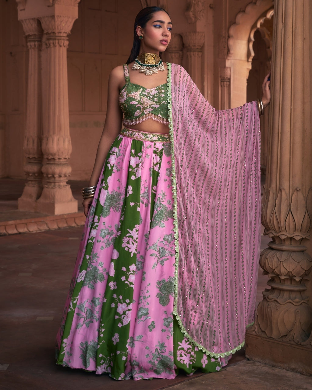 Sage Green Floral Print & Highlighted Lehenga Set