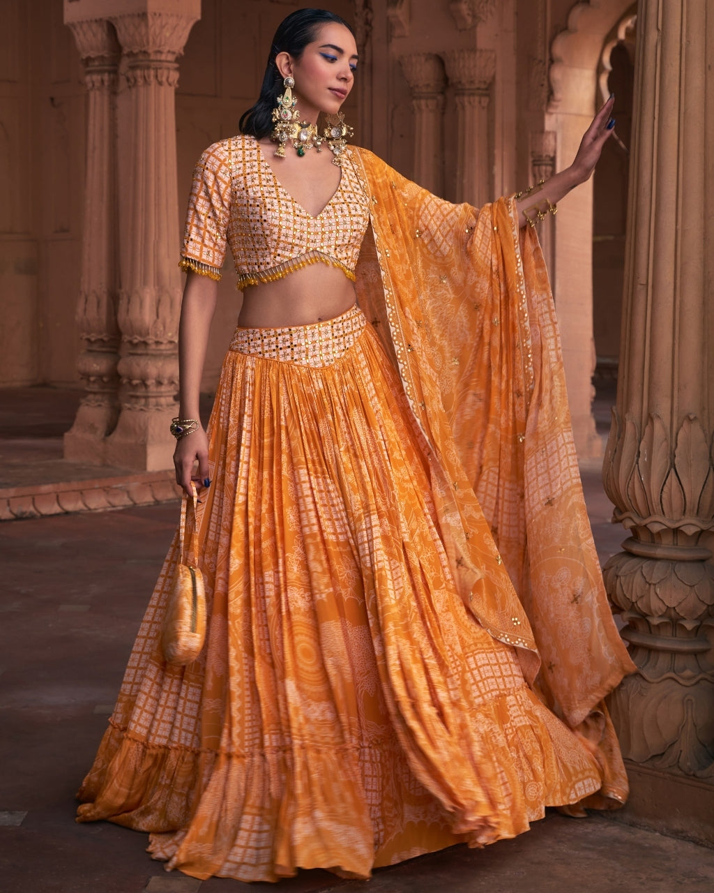 Mustard Thikri Print & Highlighted Lehenga Set