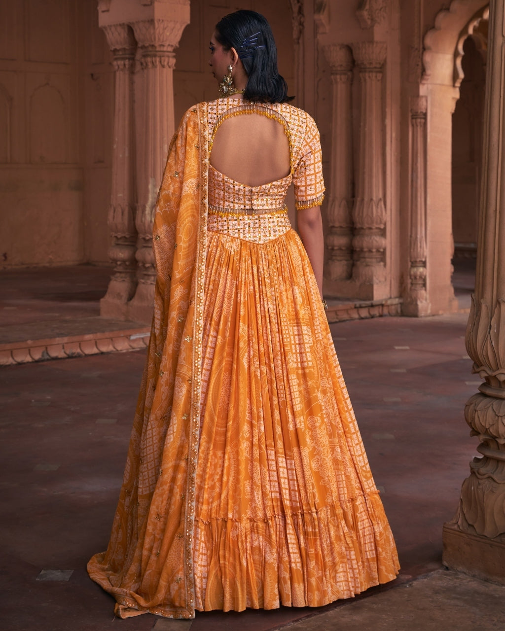 Mustard Thikri Print & Highlighted Lehenga Set