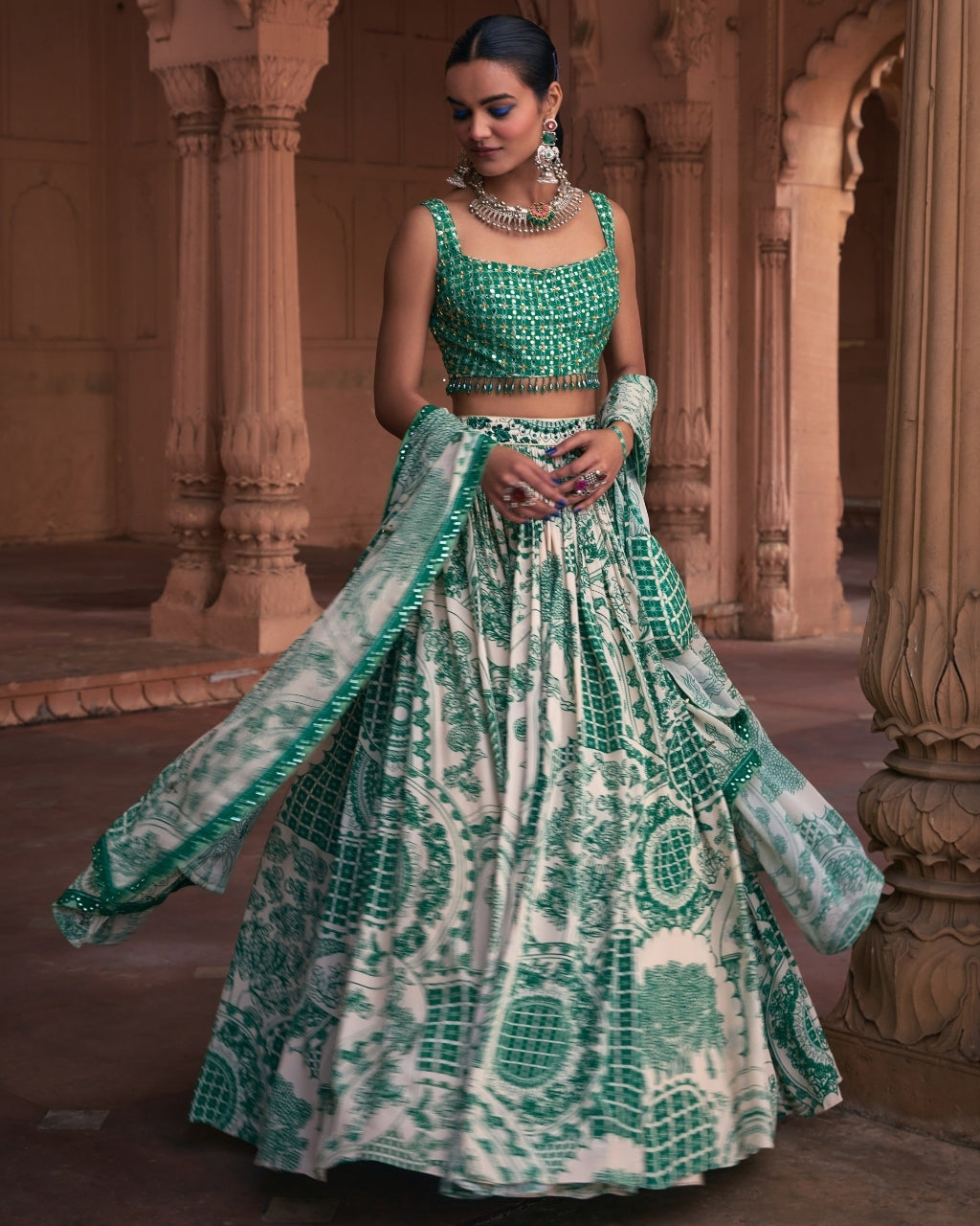 Dark Green Thikri Print & Highlighted Lehenga Set