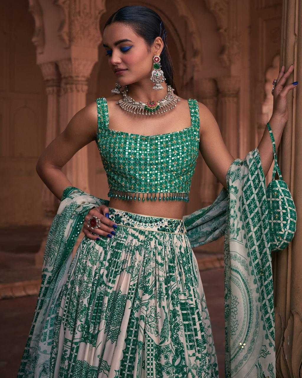 Dark Green Thikri Print & Highlighted Lehenga Set