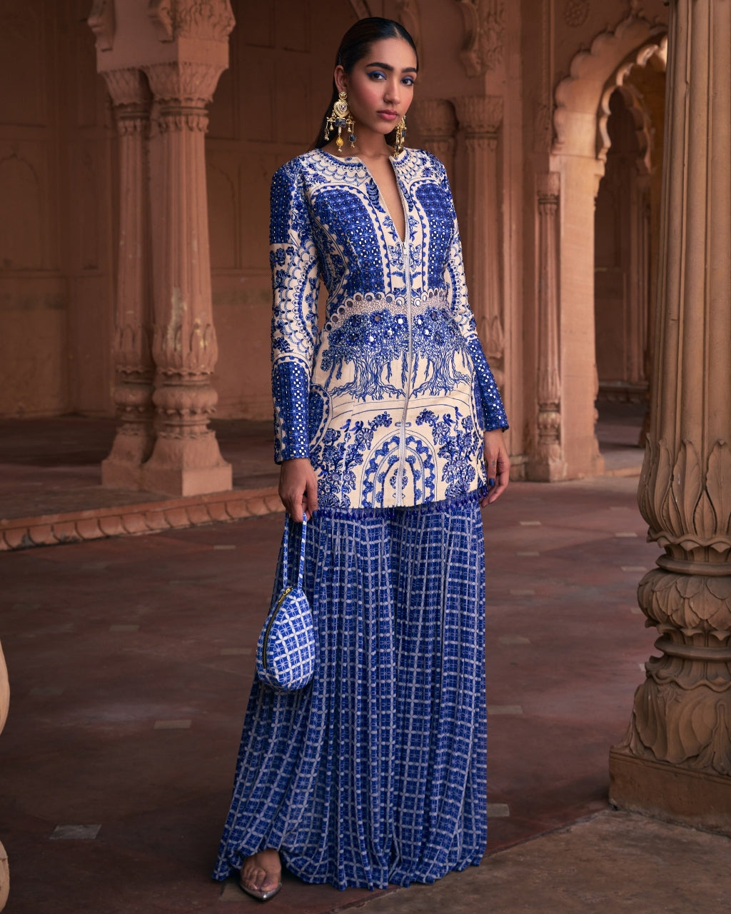 Blue Thikri Print and Highlighted Jacket Set