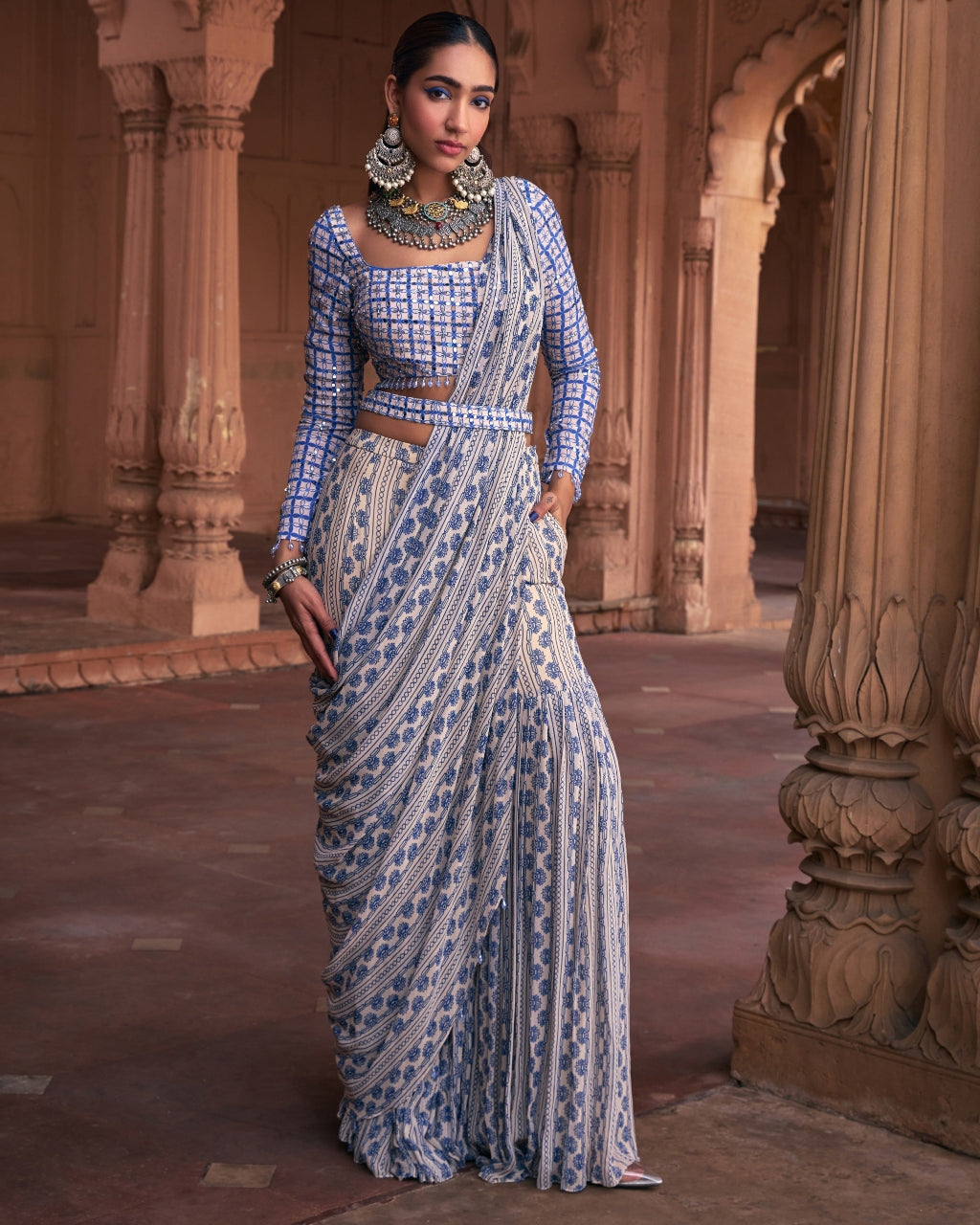 Blue Stripe Print and Highlighted Sharara Sari Set