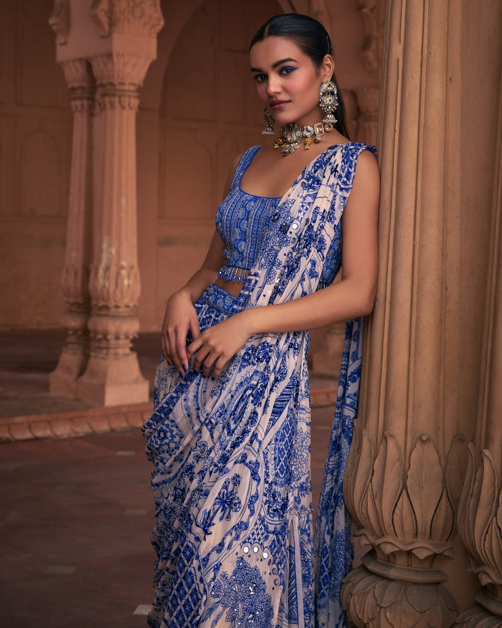 Blue Thikri Print and Highlighted Sari Set