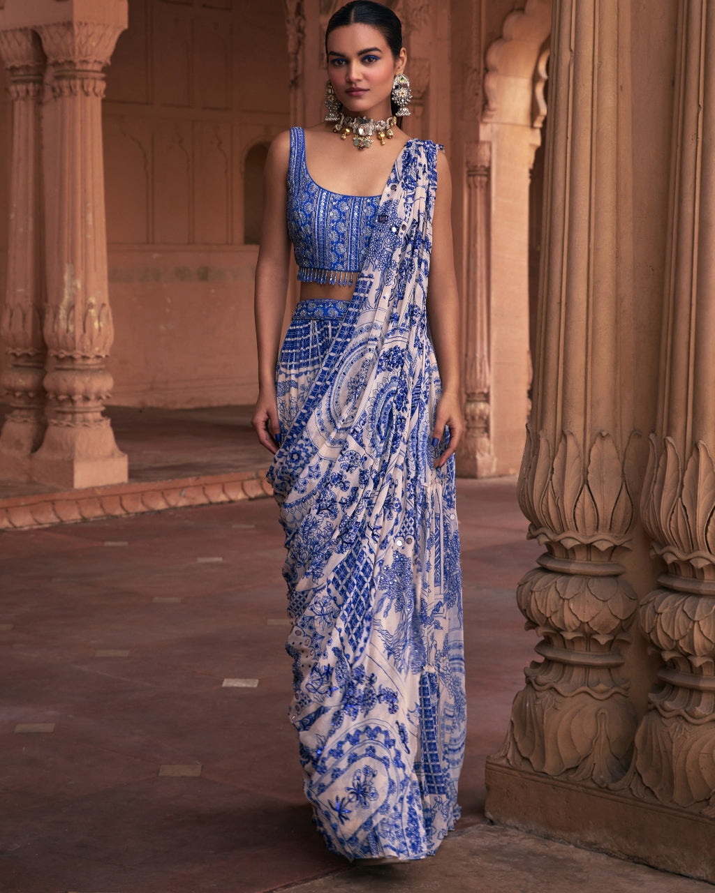 Blue Thikri Print and Highlighted Sari Set