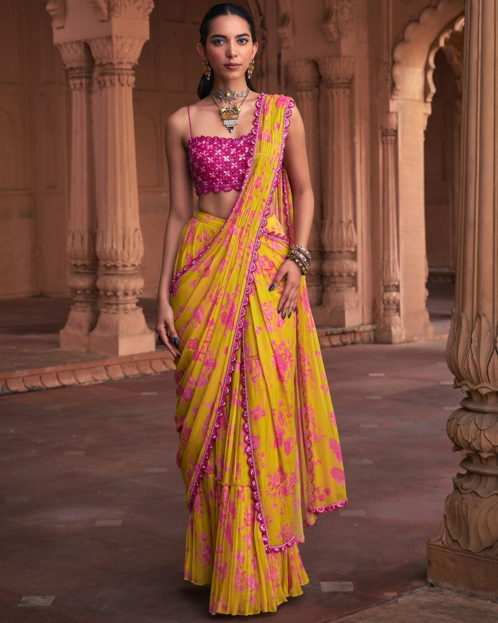Mango Yellow Floral Print & Highlighted Sari Set