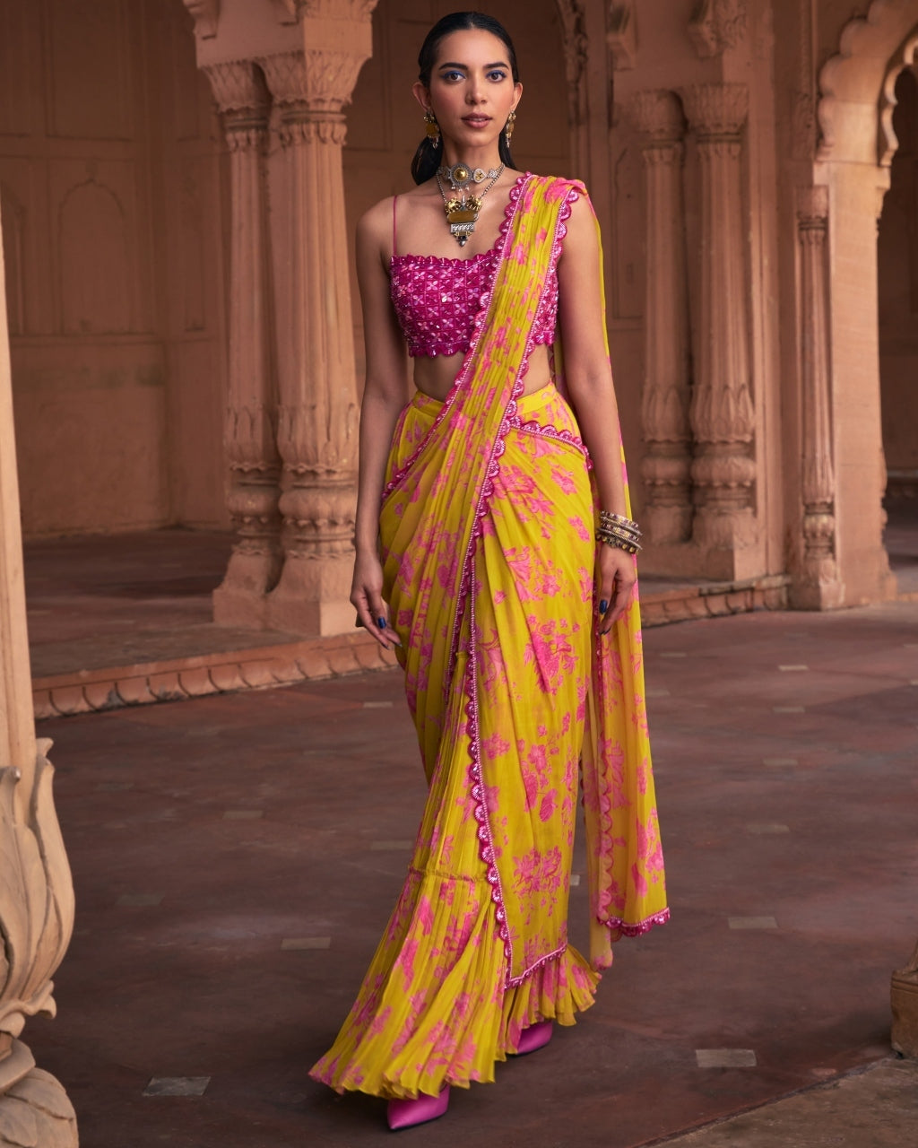 Mango Yellow Floral Print & Highlighted Sari Set