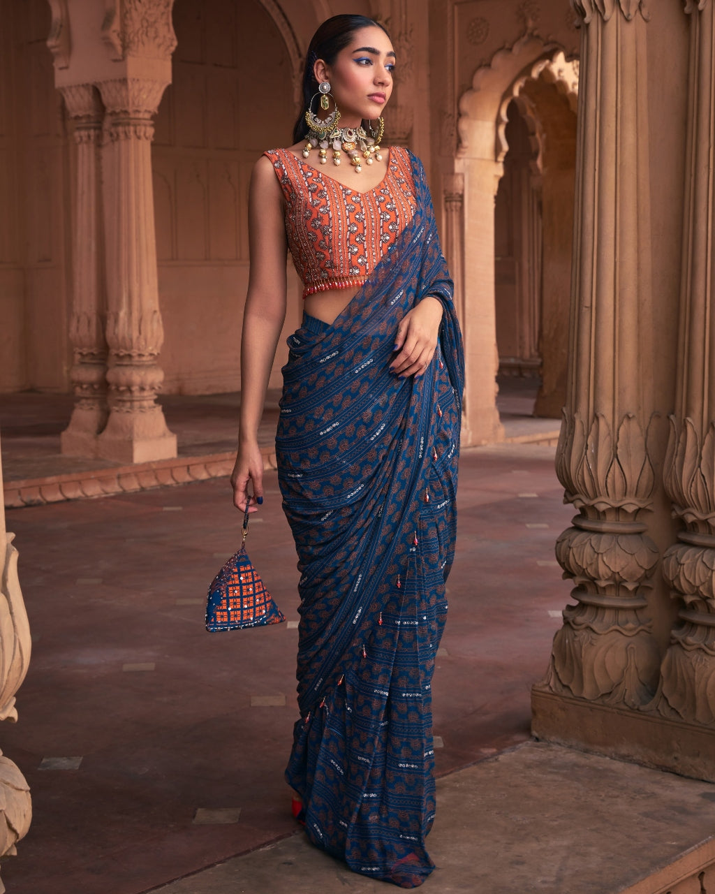 Teal Stripe Print and Highlighted Sari Set