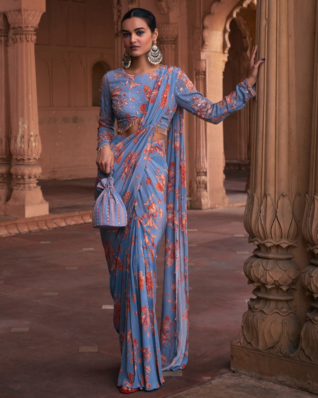 Slate Blue Floral Print and Highlighted Sari Set