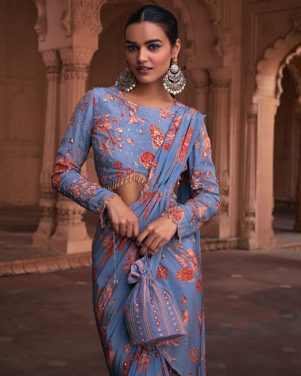 Slate Blue Floral Print and Highlighted Sari Set