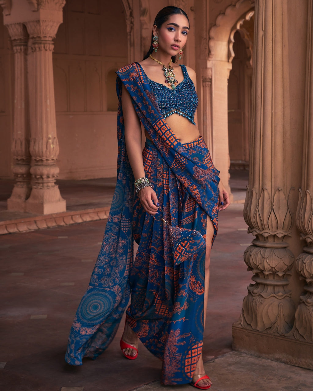 Teal Thikri Print and Embroidered Slit Skirt Sari Set