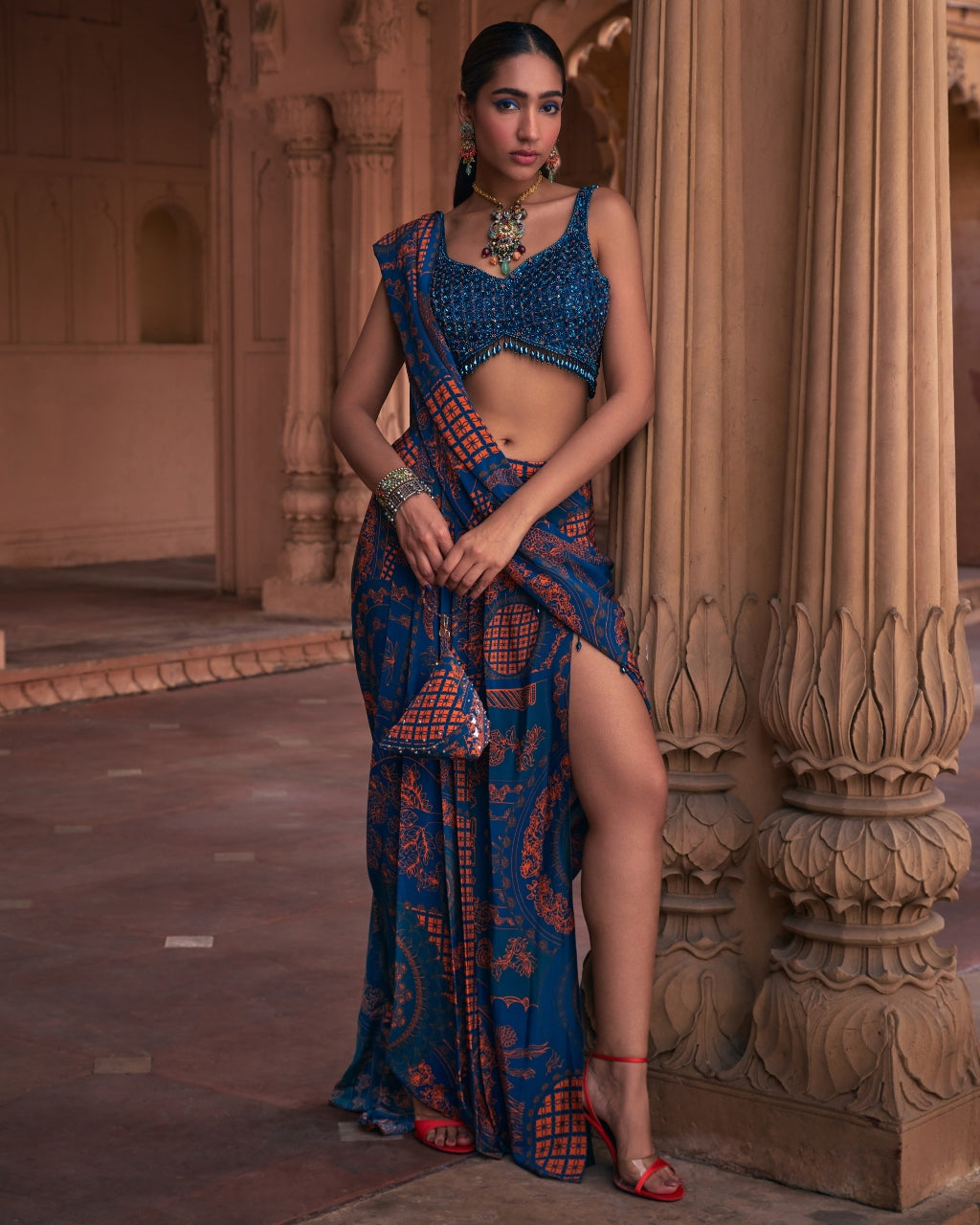 Teal Thikri Print and Embroidered Slit Skirt Sari Set