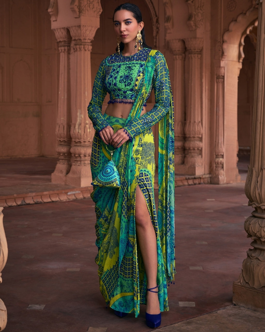 Lime Yellow Thikri Print and Highlighted Sari Set