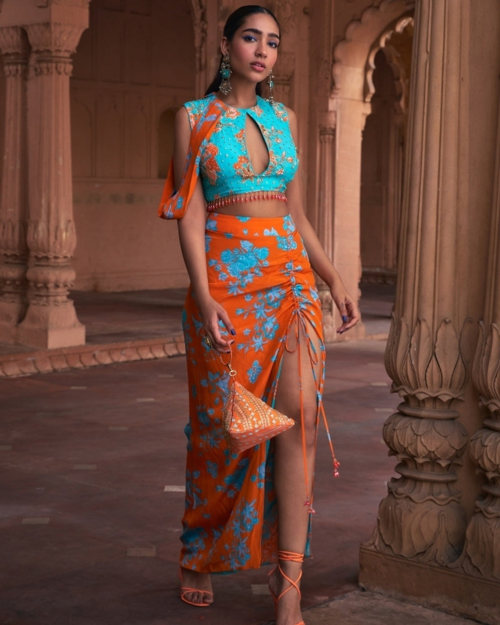 Tangerine Floral Print and Highlighted Crop Top Set