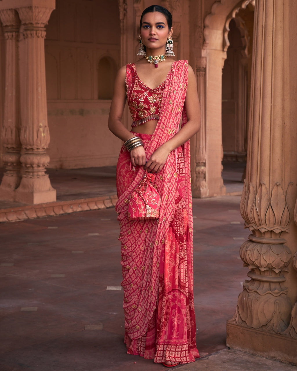 Maroon Thikri Print & Highlighted Gharara Sari Set