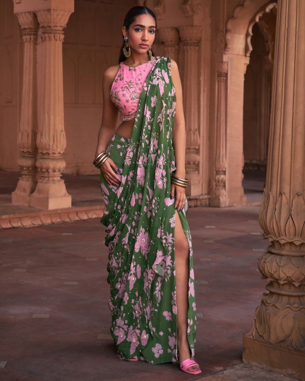 Sage Green Floral Print & Highlighted Sari Set