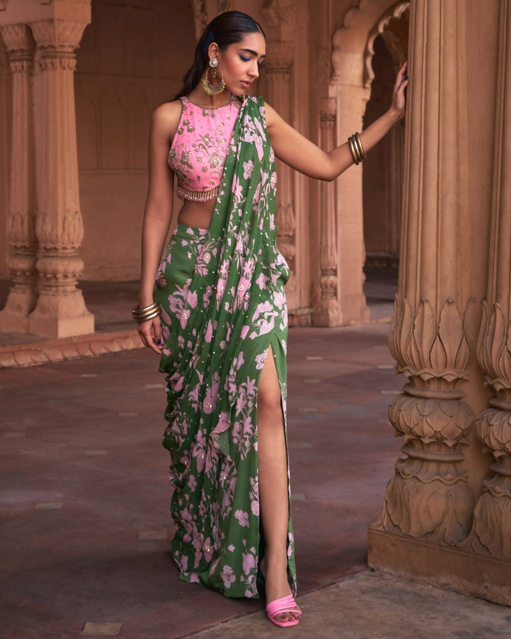 Sage Green Floral Print & Highlighted Sari Set