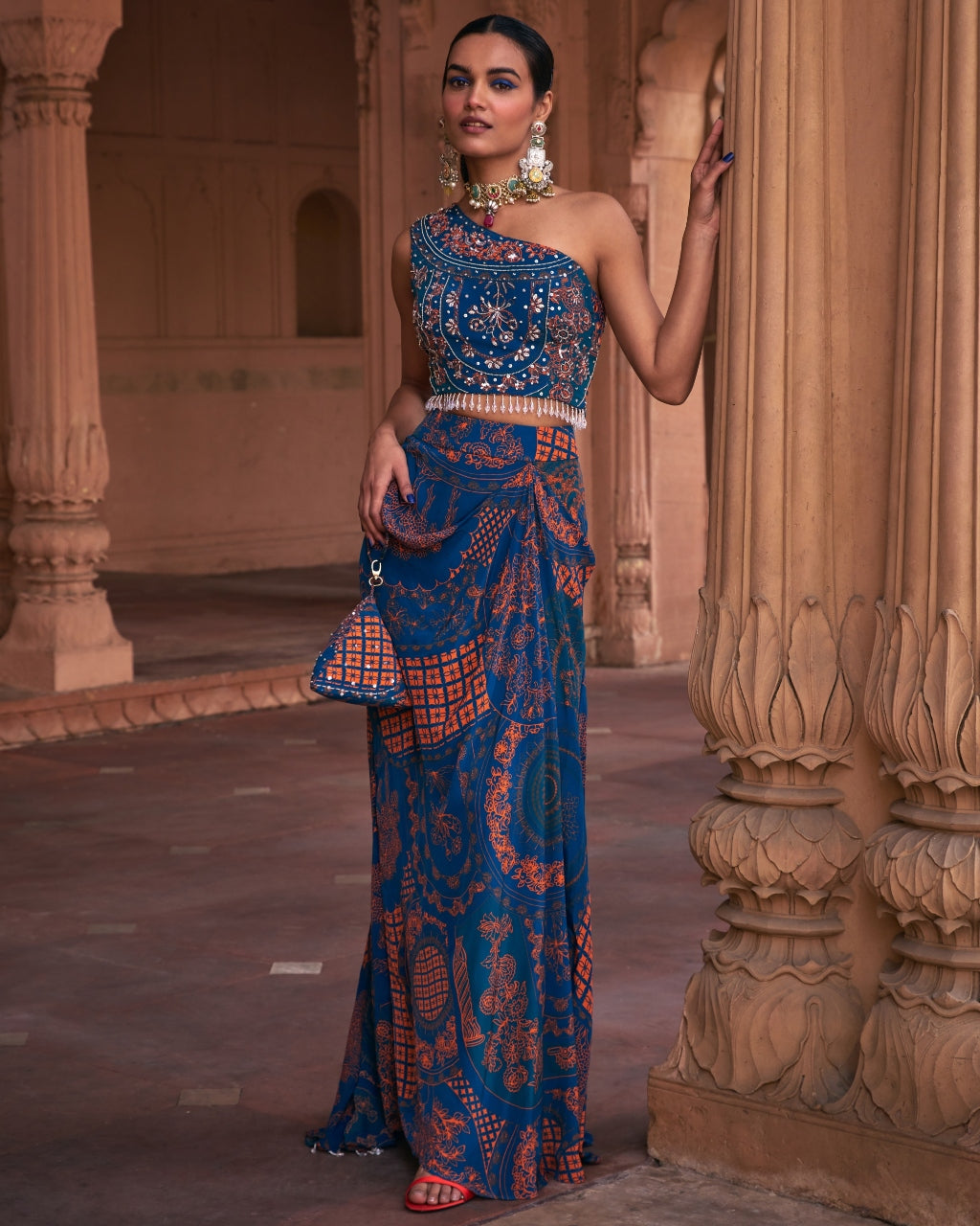 Teal Thikri Print And Highlighted Skirt Set