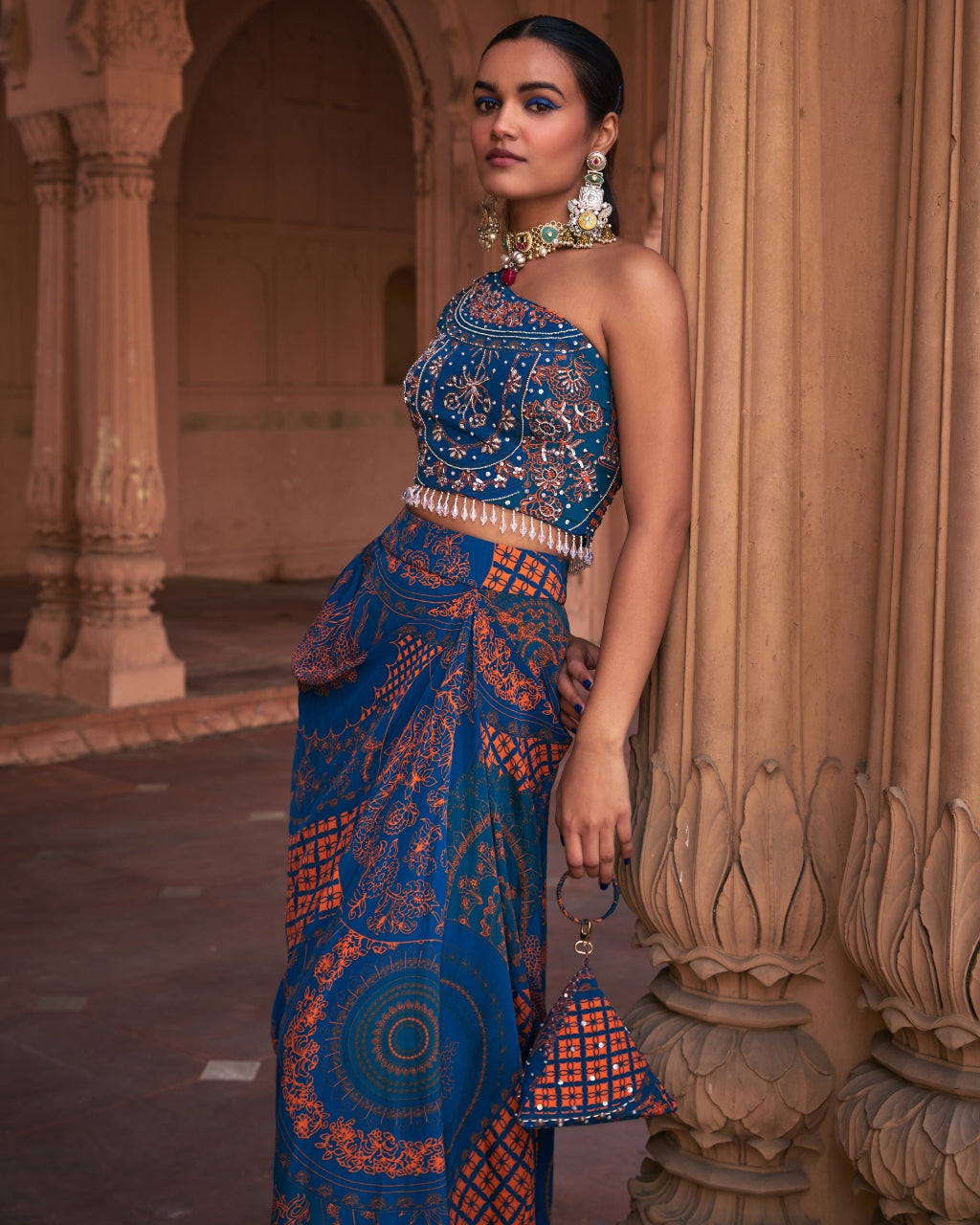 Teal Thikri Print And Highlighted Skirt Set