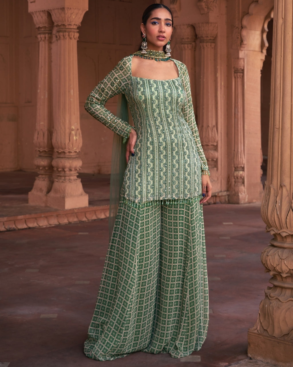 Sage Green Grid Print & Highlighted Kurti Set