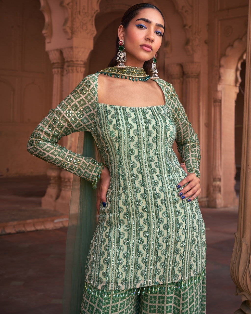 Sage Green Grid Print & Highlighted Kurti Set