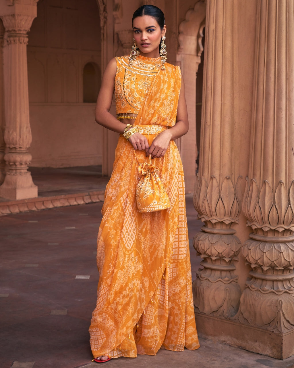 Mustard Thikri Print and Highlighted Pant Sari Set
