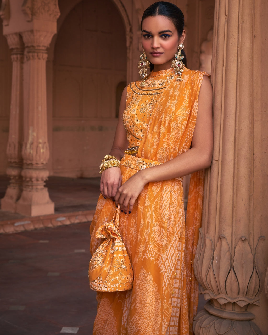 Mustard Thikri Print and Highlighted Pant Sari Set