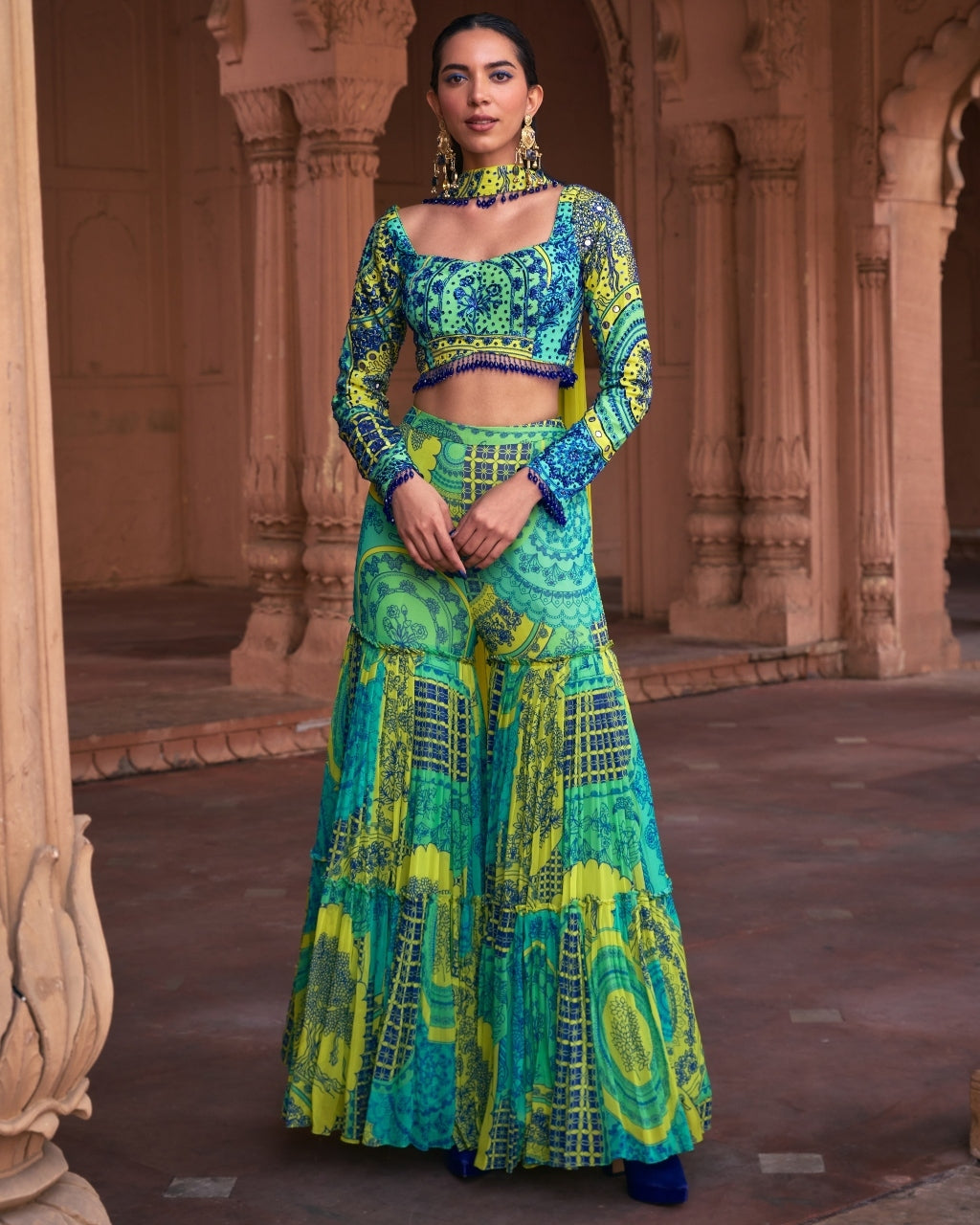 Lime Yellow Thikri Print & Highlighted Crop Top Set